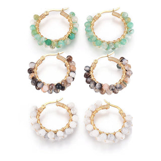 Stainless Steel Hoop Earrings Pearl Ring White Gold Agate Tiger Eye Howlite P326