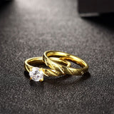 Stainless Steel Bridal Engagement Set Ring Yellow Gold AAA Zirconia Women B441