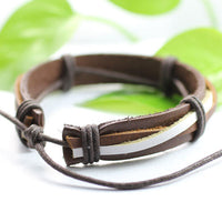 Genuine Leather Bracelet Men's Unisex Wrap Tribal Brown White Adjust 7-9 In H150