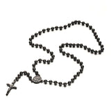 Stainless Steel Rosary Bead Necklace Cross Pendant Black 23.6"(60cm) 4mm P41