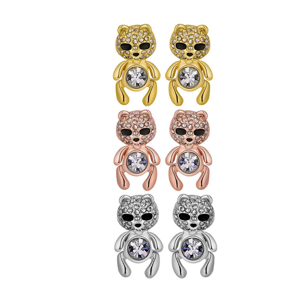 Rose Gold Platinum Plated Black Earrings AAA Zirconia Push Back Bear .44" L320