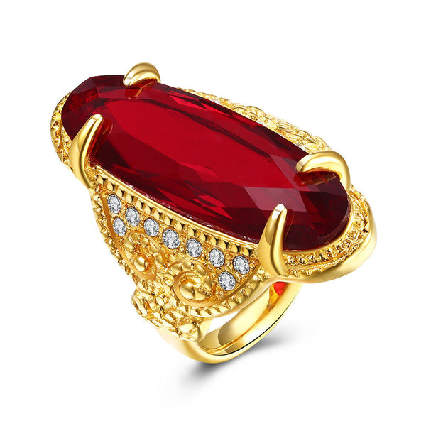 Stainless Steel Yellow Gold Plated Ring Men's Red Glass AAA Zirconia Stone B552