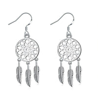 Silver Plated Dangle Earrings Wind Dream Feathers Catcher Fish Hook 56x20mm P129