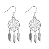 Silver Plated Dangle Earrings Wind Dream Feathers Catcher Fish Hook 56x20mm P129