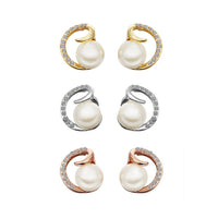 Rose Gold Platinum Plated Earrings Stud Pearl AAA Zirconia Push Back .64" L295