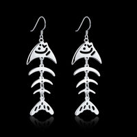 Sterling Silver Plated  Earrings Drop Dangle Fish Hook Fish Bones .68" L383