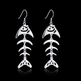 Sterling Silver Plated  Earrings Drop Dangle Fish Hook Fish Bones .68" L383