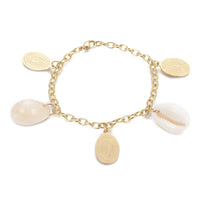 Stainless Steel Charm Bracelet Cowrie Shell Oval Virgin Mary Gold 7.7" Z65