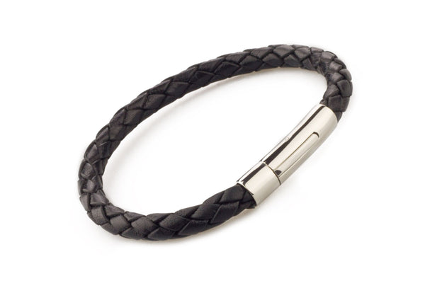 Genuine Leather Braided Stainless Steel Magnetic Clasp Bracelet Unisex Black