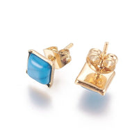 Gold Tone Stainless Steel Stud Earrings Turquoise Square Blue Z315