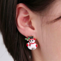 Christmas Snowman Rhinestone Enamel Stud Earrings Gold 22x15mm P162