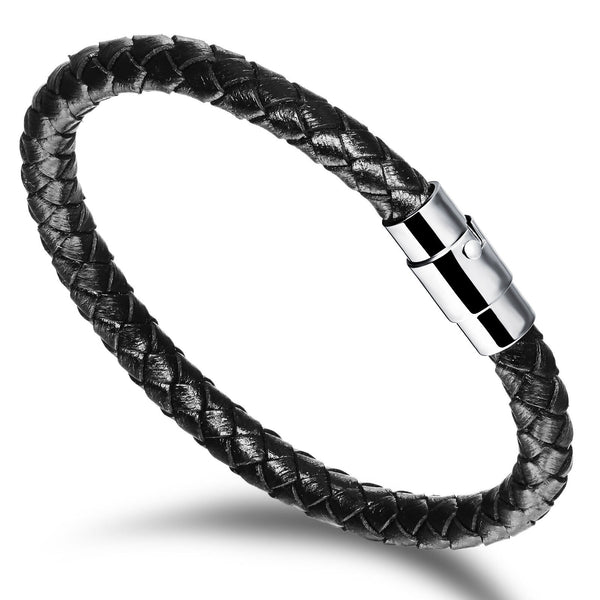 Stainless Steel Genuine Leather Bracelet Black Silver Mens Unisex G342