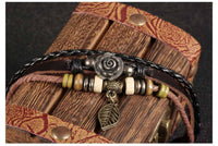 Genuine Leather Hemp Wood Bracelet Brown Luchy Charm Wood Alloy Beads G378