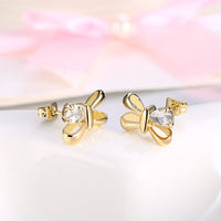 Yellow Gold Plated Earrings Bow Stud AAA Zirconia Push Back Clasp L493