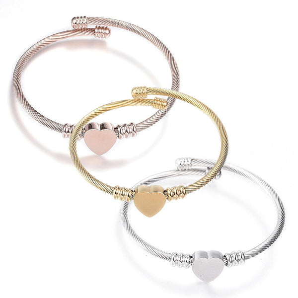 316 Stainless Steel Torque Bangles Heart Flexible Rose Gold Silver 2.2" P281