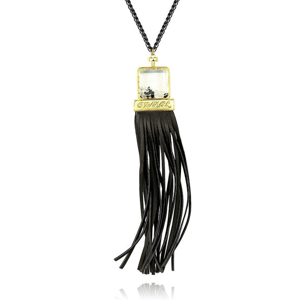 Black Chain Yellow Beads Leather Starps Long Necklace L73