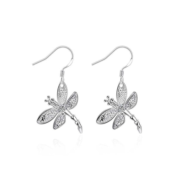 Sterling Silver Plated Earrings AAA Zirconia Fish Hook Dragonfly .76" L330