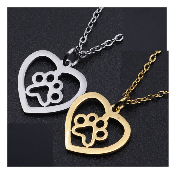 Stainless Steel Pendant Necklace Lobster Clsp Heart Dog Paw Gold 15.7" 1.5mm P58