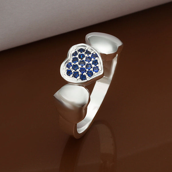 Sterling Silver Plated Blue Zirconia Heart Band Ring Size 8 B76