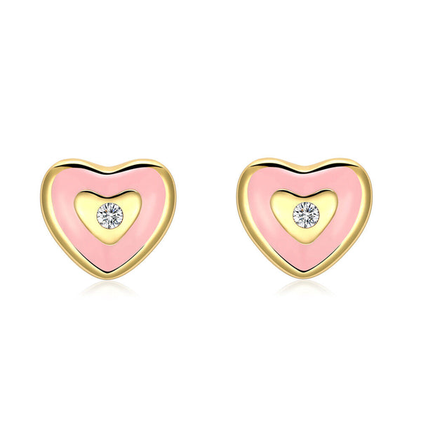 Gold Plated Earrings Heart Stud AAA Zirconia Pink Push Back Clasp L464