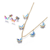 Stainless Steel Set Pendant Necklace Stud Earrings Back Butterfly 16.6" P695