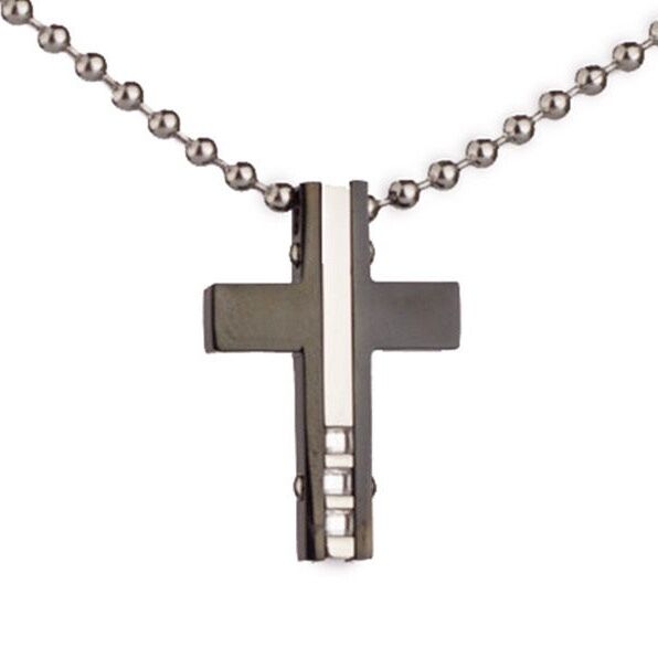 Stainless Steel Cross Zirconia Pendant Beads Necklace Unisex Silver Black L145