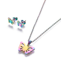 Stainless Steel Set Stud Earring Pendant Necklace Butterfly 18 6.5x10mm P1