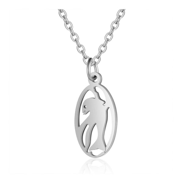 Stainless Steel Pendant Necklace Oval Dolphin Silver 15.7" 1.5mm Z626