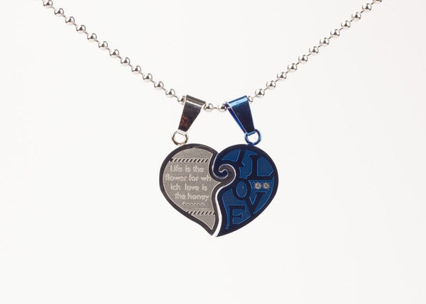 Stainless Steel Lovers Heart Zirconia Pendant Beads Necklace Silver Blue L173