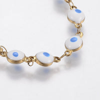 Stainless Steel Link Bracelet Enamel Evil Eye White Blue 8.2" Adjustable P225