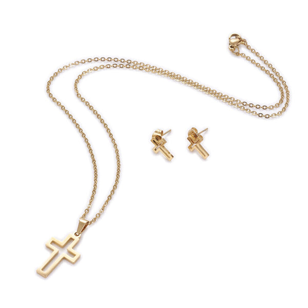 Stainless Steel Set Earring Pendant Necklace Cross Gold 18" P794