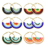 Stainless Steel Hoop Earrings Glass Beads Black Gold Blue Green 56x54x56mm P347