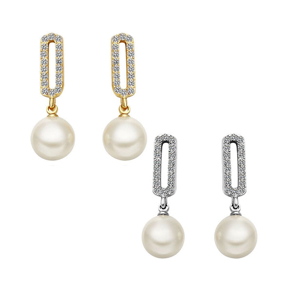 Gold Platinum Plated Pearl Zirconia Stud Drop Earrings L85