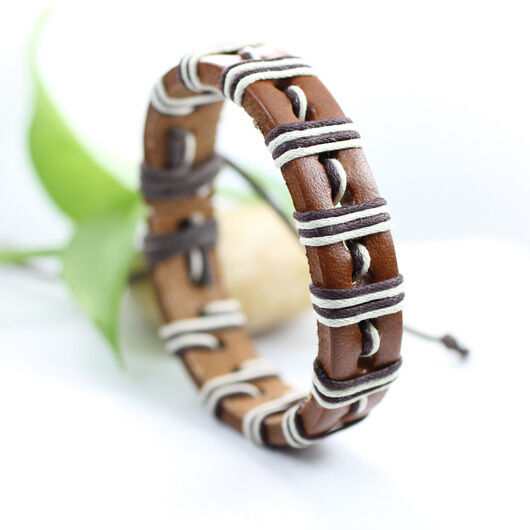 Genuine Leather Bracelet Men's Unisex  Wrap Tribal Brown White Adjustable H19