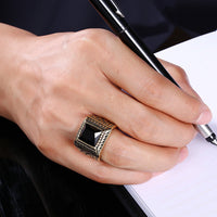 Stainless Steel Yellow Gold Plated Ring Men's Black Glass Stone B547