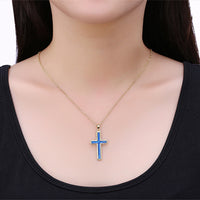 Yellow Gold Plated Necklace Women's Pendant Cross Blue Opal Lobster Clasp B180