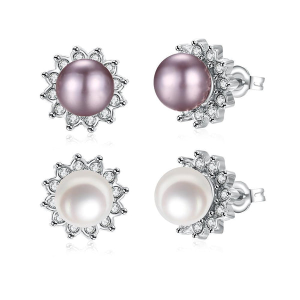 Platinum Plated Purple Fuchsia Earrings Stud Synthetic Pearl Push Back l165