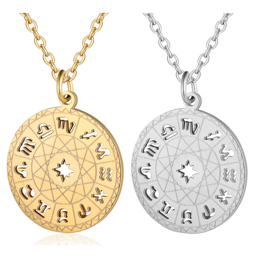 Stainless Steel Pendant Necklaces  Round Constellations Silver Gold 15.7" P382