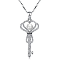 Platinum Plated Necklace Pendant Crown Key Zirconia 19" 1MM Lobster Clasp B336