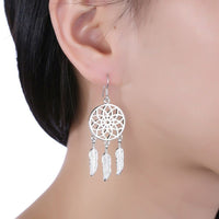 Silver Plated Dangle Earrings Wind Dream Feathers Catcher Fish Hook 56x20mm P129