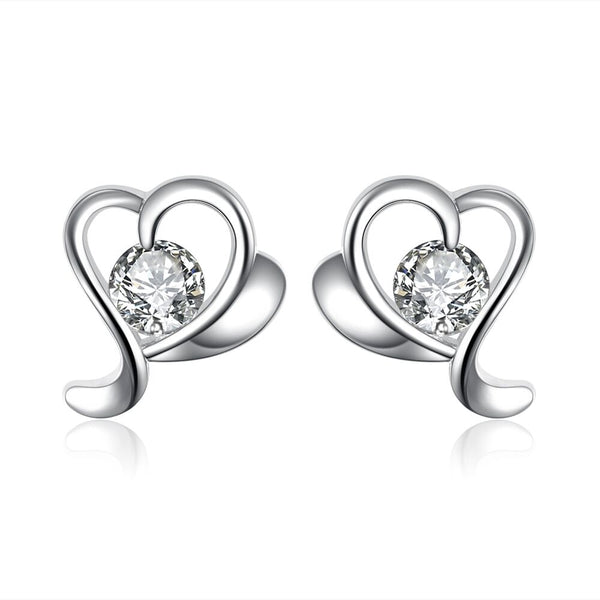 Sterling Silver Plated Earrings Stud AAA Zirconia Push Back Heart .2" L432