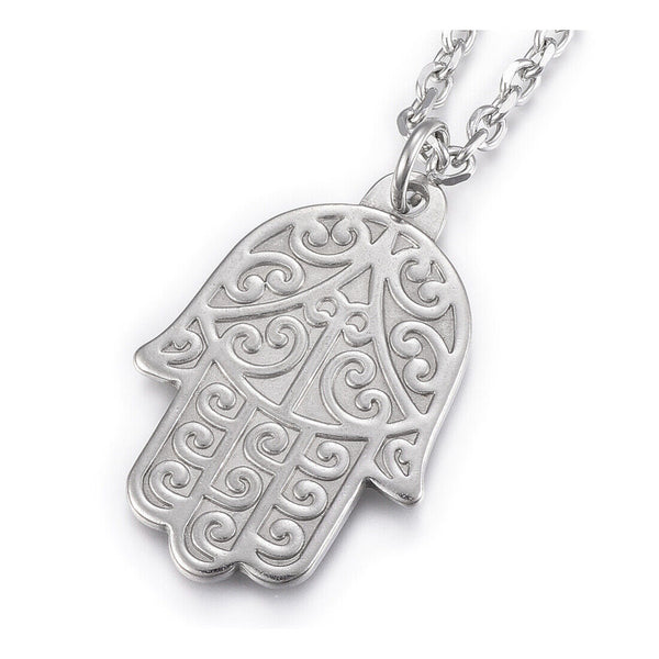 Stainless Steel Pendant Necklace Lobster Faceted Hamsa Fatima Silver 17" Z485