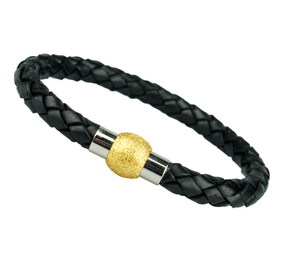 Unisex Men's Genuine Leather Stainless Steel Magnetic Gold clasp Bracelet Black