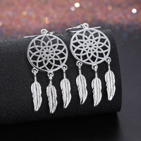 Silver Plated Dangle Earrings Wind Dream Feathers Catcher Fish Hook 56x20mm P129