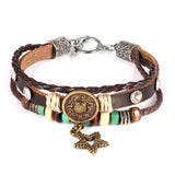 Genuine Leather Hemp Wood Bracelet Green Brown Luchy Charm Wood Alloy Beads G372