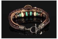 Genuine Leather Hemp Wood Bracelet Green Brown Luchy Charm Wood Alloy Beads G372