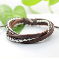 Genuine Leather Bracelet Men's Unisex Braided Wrap Tribal Brown White H195