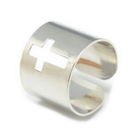 Adjustable Stainless Steel Cuff Ring Wide Band Cross Size 7 Silver 17mm Z743