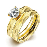 Stainless Steel Bridal Engagement  Set Ring Yellow Gold AAA Zirconia Women B439