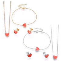 Stainless Steel Set Pendant Necklace Earring Bracelet Enamel Heart Red Gold P748